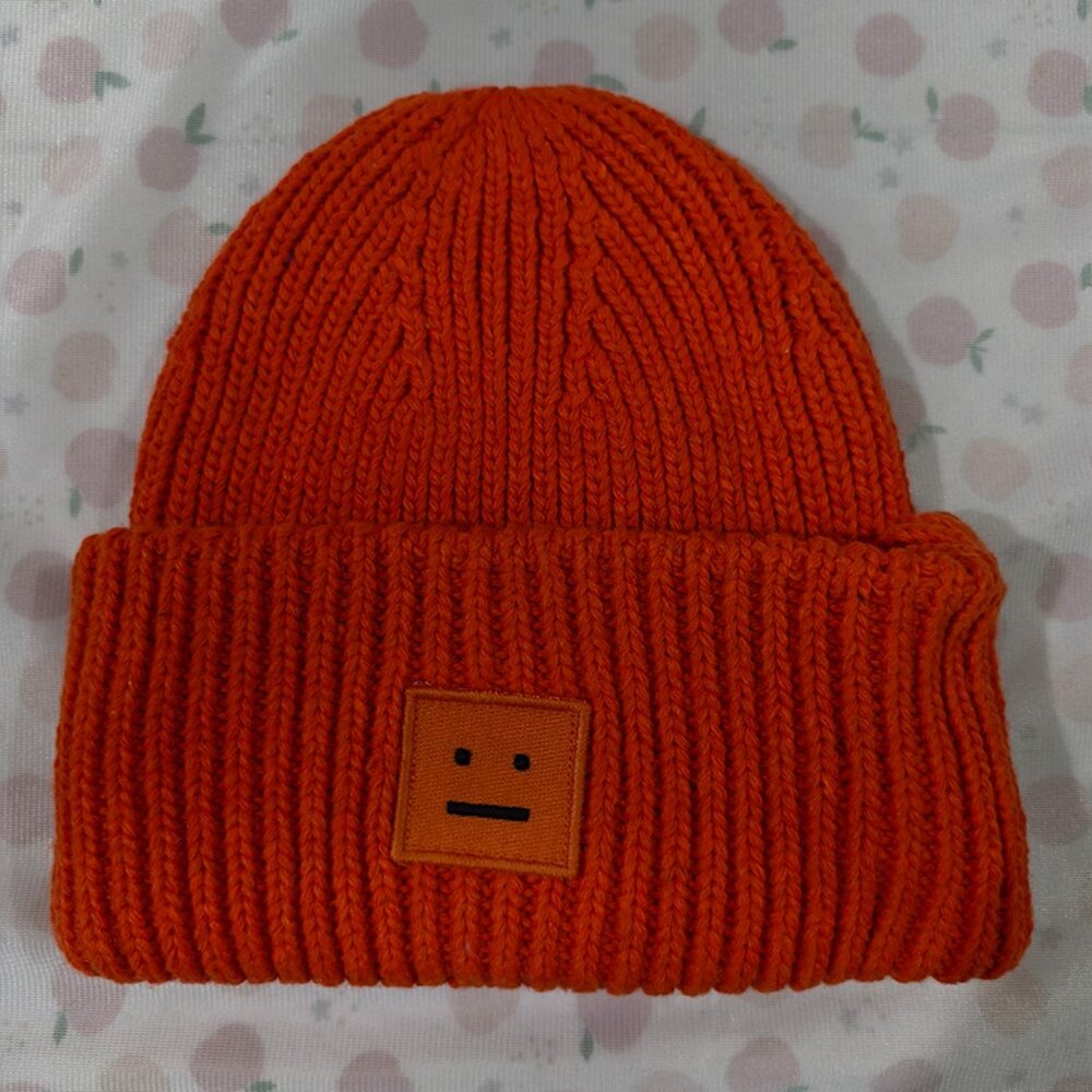 Acne Studios Orange Knit Hat With Smiley Face Logo